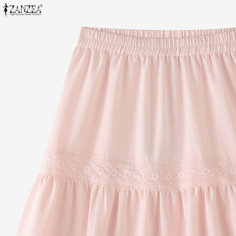 ZANZEA Mulheres casual cintura elástica cor sólida solta saias longas