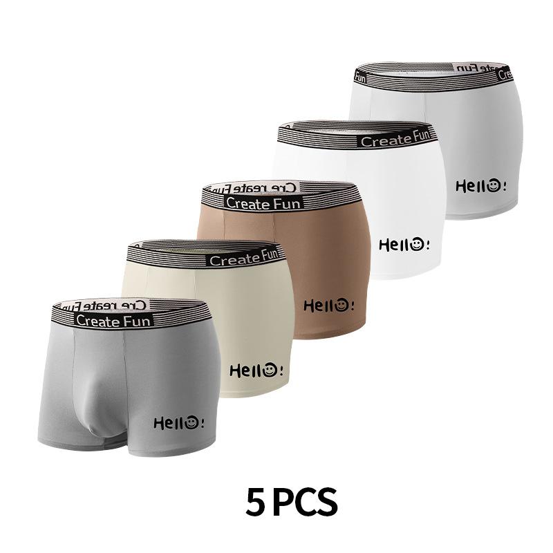 5pcs Ice Silk Men's Underwear Solid Color Printed Plus Size Mid Waist Flat Angle Waistband Boxer Brief