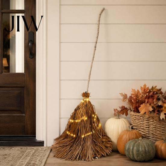 Vintage Style Halloween Ornament 5.5 Ft Giant Light-up Witch Broom, Twig Broom with String Light, Creepy Costume Accessory Rustic Farmhouse