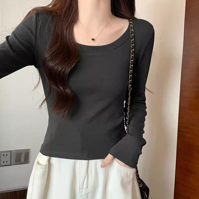 Tricou retro cu decolteu jos, pe umărul drept, cu mâneci lungi pentru femei la începutul toamnei, design nou, cu talie înaltă, slim, scurt, top cu strat interior