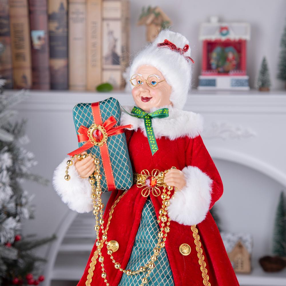 Statua di Mrs Claus in Piedi da 45 cm con Scatola Regalo, Ornamento Nonna di Natale con Vestito di Velluto Rosso