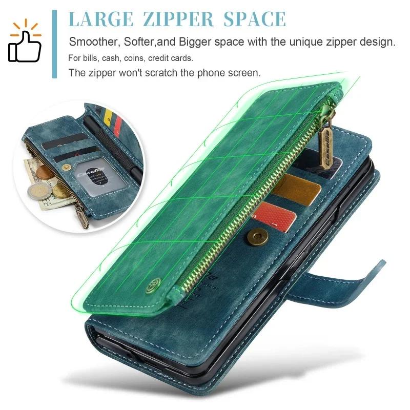 Portafoglio con Zip in Pelle Custodia per Telefono per Samsung Galaxy Z Fold 7 6 5 4 5G Fold7 Fold6 Fold5 Fold4 Portafoglio con Laccetto Scomparto per Carte Custodia