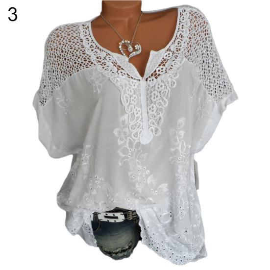 Fashion Women Hollow Out Lace Short Sleeve Blouse Top Summer Casual T-Shirt