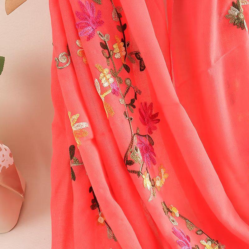 Ethnic Style Embroidered Cotton-Linen Scarf: Thin, Breathable, Fashionable Sun Protection; Wear as Head Wrap or Shawl.