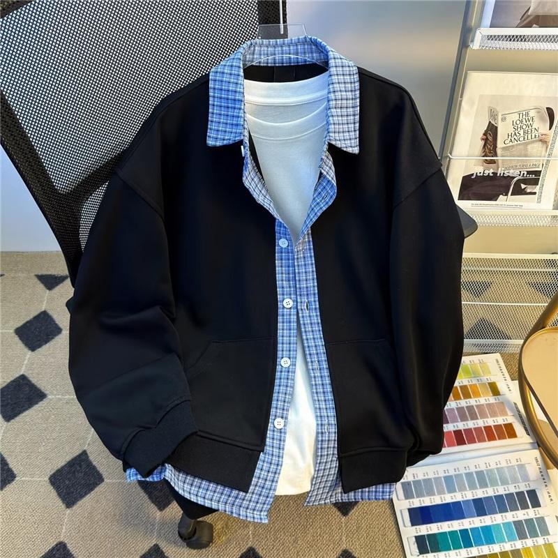 Men s Fake Two-Piece Plaid Collar Sweatshirt Jacket Casual Loose Coat L чёрный