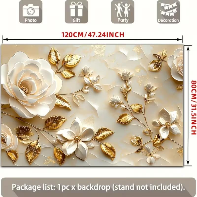 2D White Flower and Gold Leaf Themed Backdrop Photo Background Banner