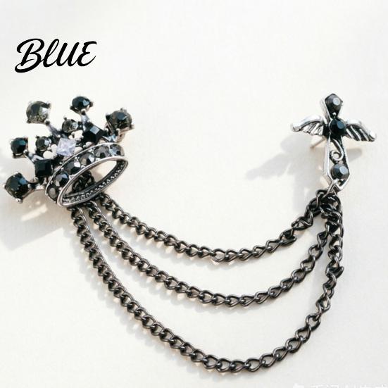 Dark Light Zircon Brooch Men's Pin with Chain British Crown