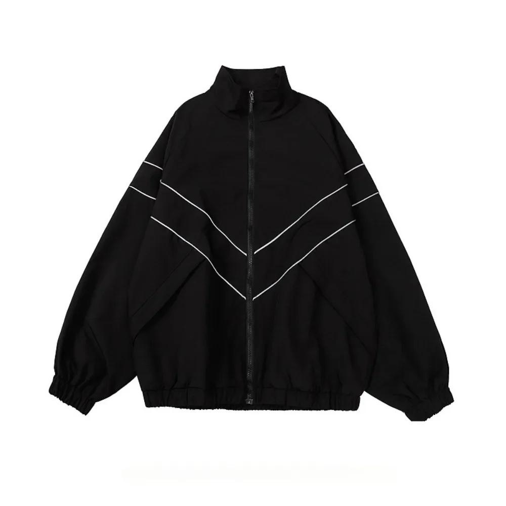 Men's Spring Autumn Casual Jacket Fashion Solid Line Design Oversize Streetwear Zipper Coats Male Outdoor Trend Cardigan