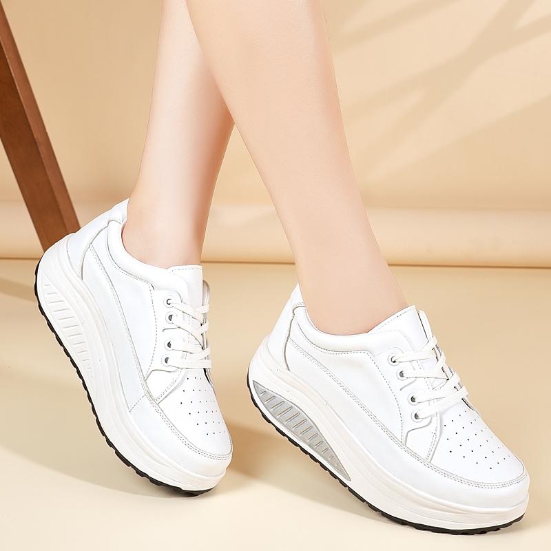 Women's Sneakers Height Increase White Leather Platform Casual Simple Thick Sole Elevator Shake Shoes