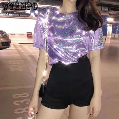Summer Retro Stylish Bright Silk Women Tops Shiny Loose Short Sleeve T-Shirts Girl Club Aesthetic Harajuku Shirts