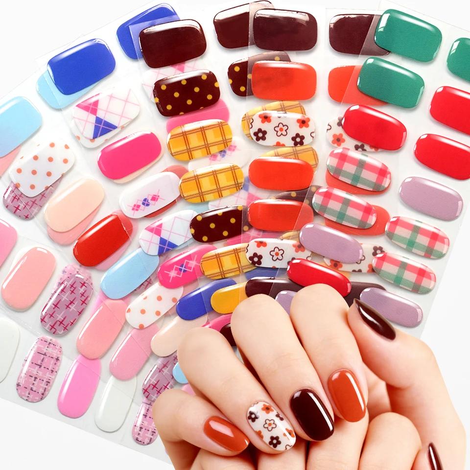 16 Tips Mini Flower Semi-Cured UV Gel French Style Dark Red Self Adhesive Nail Stickers Wraps