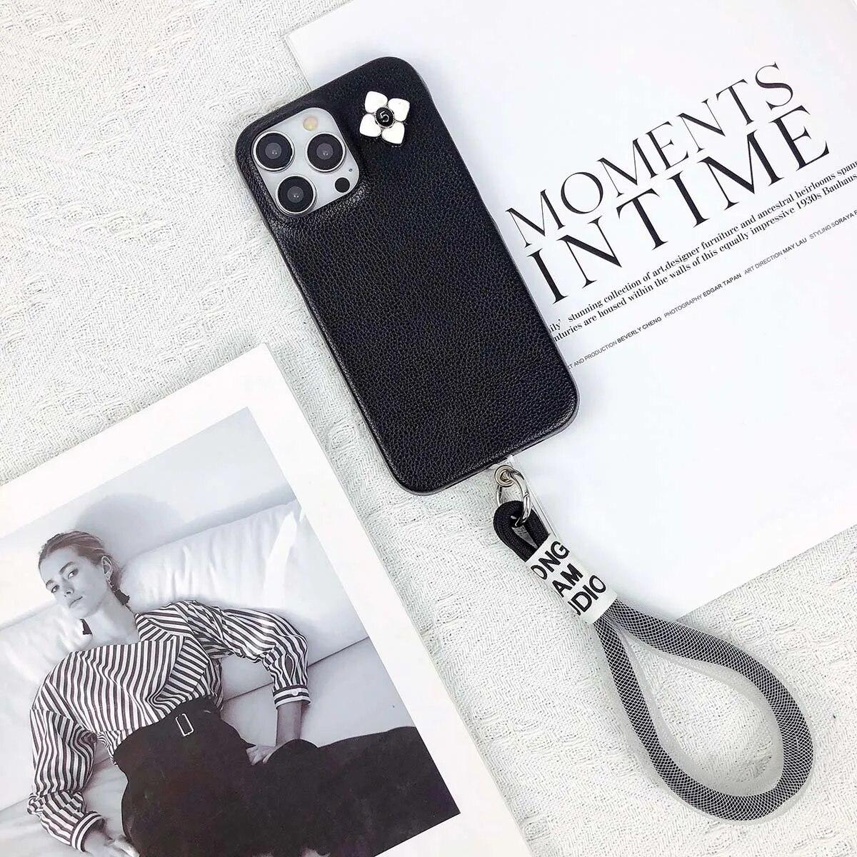 

Роскошный кожаный жесткий задний чехол для iPhone 14 13 12 11 XS Pro Max 7 8 Plus X XR с ремешком с милым цветком, высококачественный чехол для телефона iPhone x