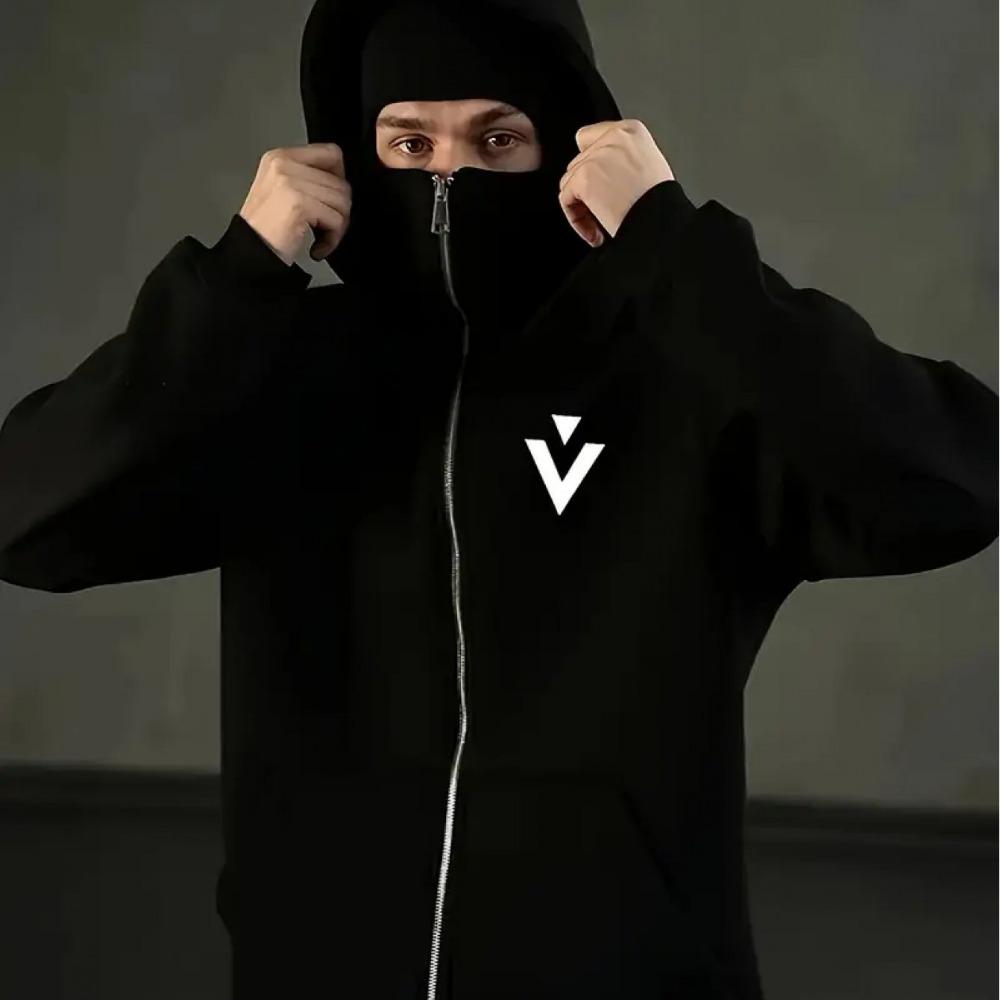 Men's Black Double Zipper Sweatshirt, Berlin Graphic Loose Street Hip-hop Hoodie Full Zipper Urban Fashion Hoodie Pullover Jacket