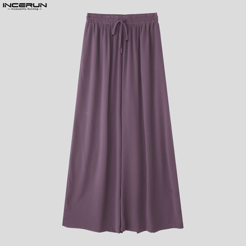 INCERUN Men Drawstring Elastic Waist Thin Casual Loose Long Wide Leg Pants Trousers