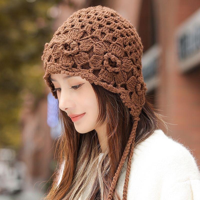 New Tassel Red Flower Hat Cute Autumn and Winter Bag Head Autumn and Winter Ear Protection Warm Handmade Sweet Knitted Wool