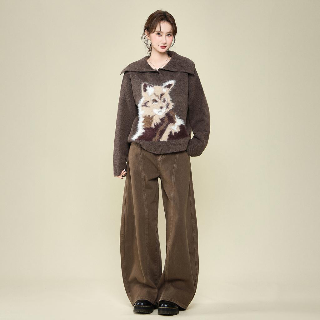 Brown Puppy Plush Lapel Long-sleeved Knitted Sweater Jacket Autumn and Winter Base with Thickened Thermal Top Women