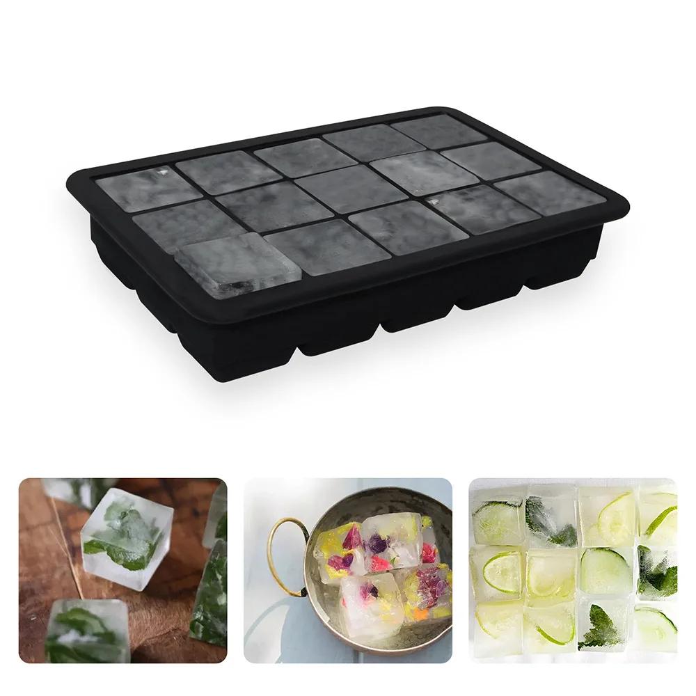 Premium Food Grade Silicone Ice Cube Tray 15 Grids Square with Lid Durable DIY Ice Maker for Whiskey Cocktails Coffee
