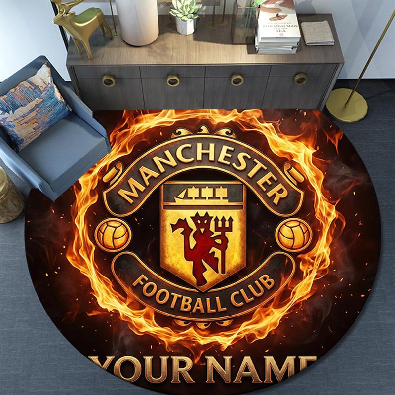 Custom Name Manchester United Round Area Rug,Carpet Rug for Living Room Bedroom Sofa Playroom Decor,Non-slip Floor Mat