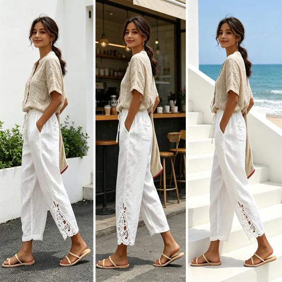 Women Pants, Drawstring Adjustable Waistband High Waist Summer Pants, Pure Color Loose Fit Casual Trousers for Travel Work School Daily Wear