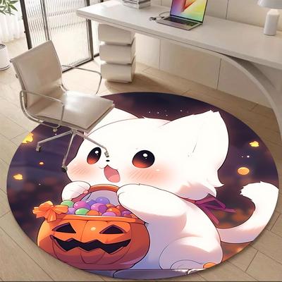 1PC Halloween Kitten Office Round Area Rug, Indoor Mat Suitable ForOffice, Under Office Chairs Bedroom Living Room Home Decor, Room Deco, F025