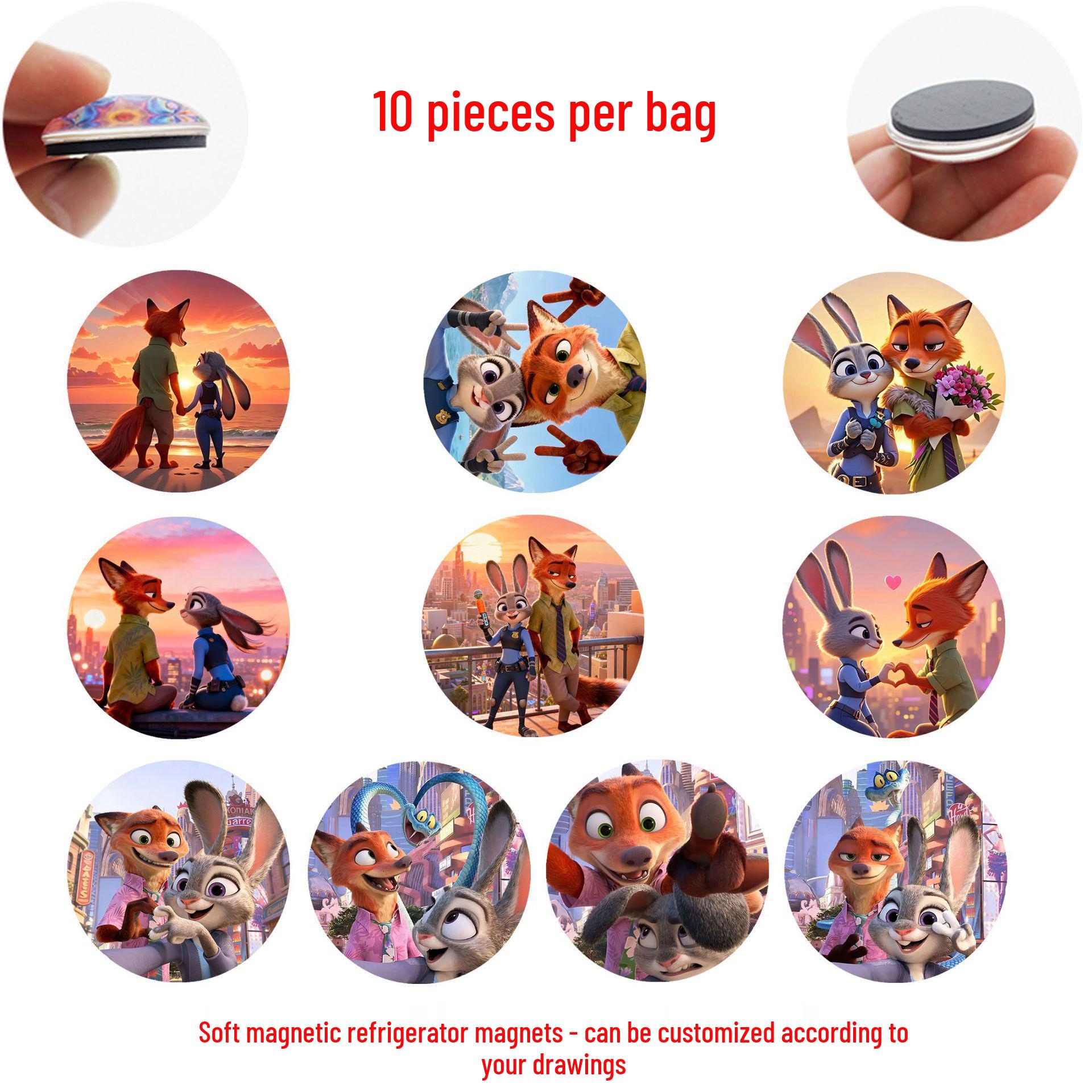 Зверополис 2 Закат Романтический Мультяшный Магнит: Милые Джуди и Ник Мягкий Магнитный Подарок на Холодильник 25 mm Refrigerator Magnet Set of 10 (FDL162)