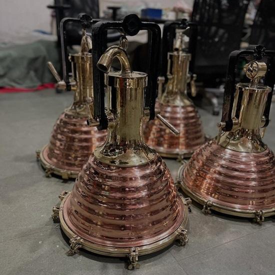 Nautical Copper Brass Pendant Light Large Industrial Marine Ship Lamp, Coastal Ceiling Fixture, Retro Maritime Lighting Set Of 4