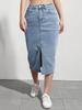 Puffanpop Women's High Waisted Stretchy Denim Midi Skirt - Light Wash Split Front Casual Summer Skirt for Women