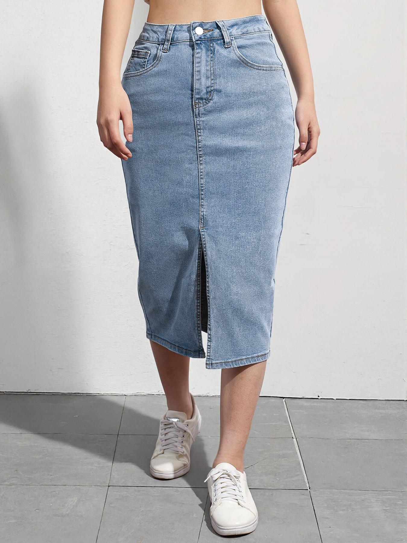 

Puffanpop Women s High Waisted Stretchy Denim Midi Skirt - Light Wash Split Front Casual Summer Skirt for Women XXL синій