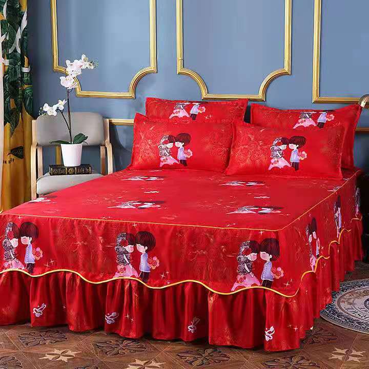 Fashion Soft Sanding Bedspread Anti-skip Wedding Bed skirt Queen King Size No Pilling Fitted Sheet Cover Double Layer Bed Cover