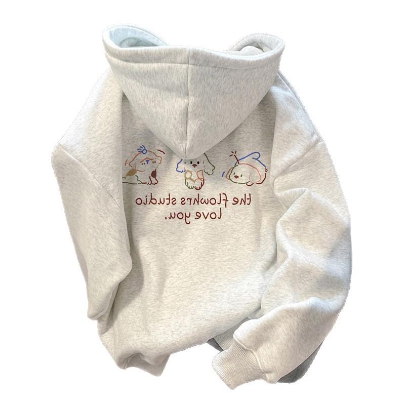 American retro cartoon printing heavy hooded sweater for men and women autumn and winter new casual loose velvet thickened top