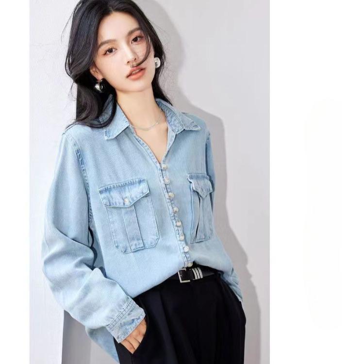 

Винтажная синяя джинсовая рубашка - модная блузка с длинными рукавами в китайском стиле для женщин XL