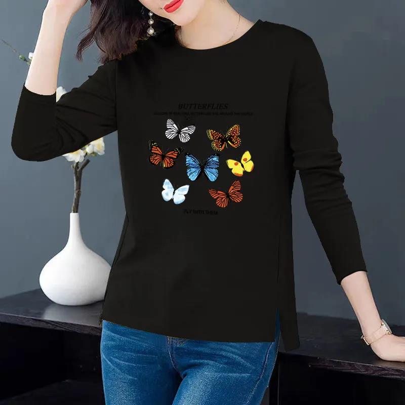 Spring & Fall Women Cotton Pullover Casual Slit T-Shirt Seven Butterfly Print Shirt Long Sleeve Bottoming Shirt