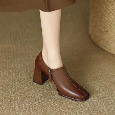 New Square Toe Retro Casual Soft Single Shoes Thick Heel Zipper High Heel Ankle Boots Women's Shoes Botas De Mujer