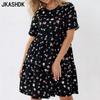 Women's Fashion Summer Spring Flower Pattern Print Short Sleeve O-Neck Loose Waistline Casual Dresses
