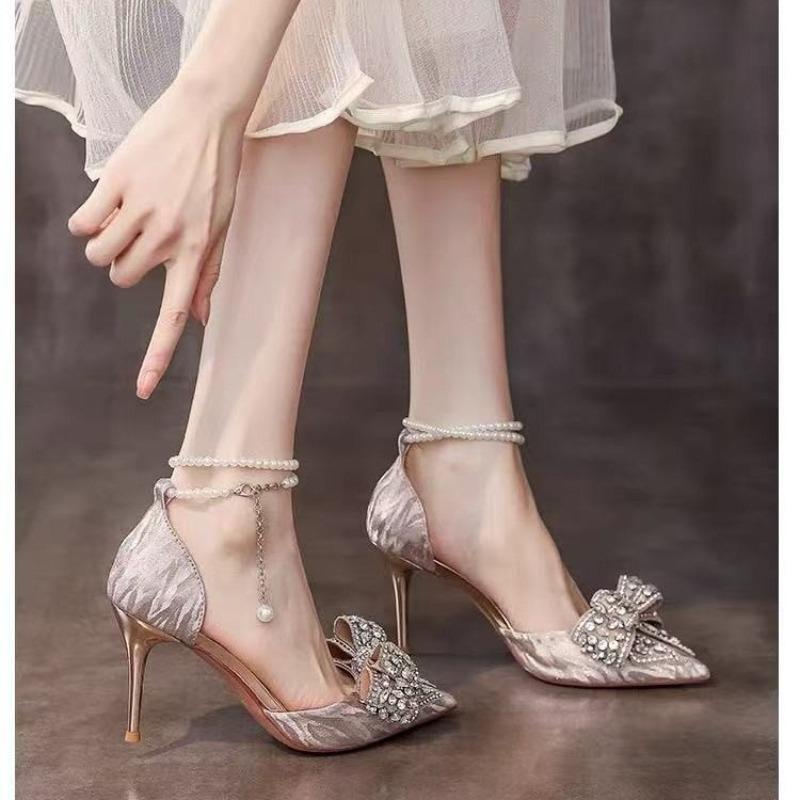 Bow Crystal Shoes Women's Pointed Toe Shallow Mouth Pearl One Strap Non-Tired Feet Beaded Non-Slip Single Shoes