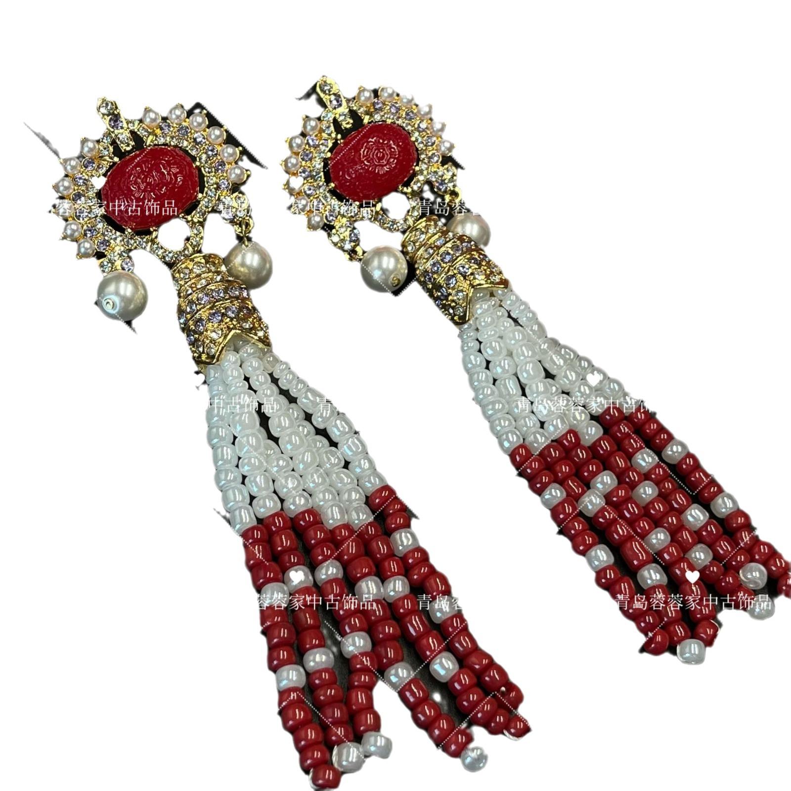 Middle Aged Vintage New Chinese Tassel Earrings Heavy Industry Bead Studded Ancient Style Women