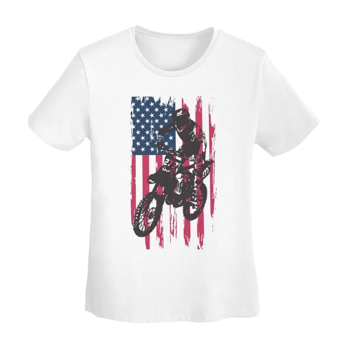 

Dirt Bike Motocross USA American Flag TShirt Women Short Sleeve T Shirts Round Neck Streetwear Cotton Summer Tees Streetwear S