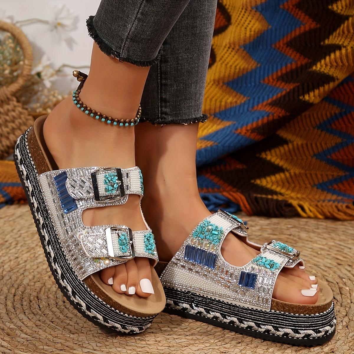 

Ladies Rhinestone Decorative Buckle Platform Slippers - Summer Open Toe Wedge Sandals with Synthetic Leather Outer Skin and PU Sole 43