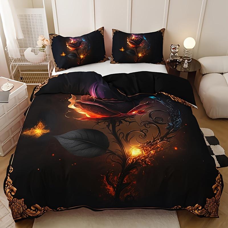 

Elegant Gothic Golden Rose Floral Print Soft with Soft Fabric Duvet Cover Vibrant Digital Print Soft Duvet Cover Pilowcases Breathable Beding Set 120*200cm Single