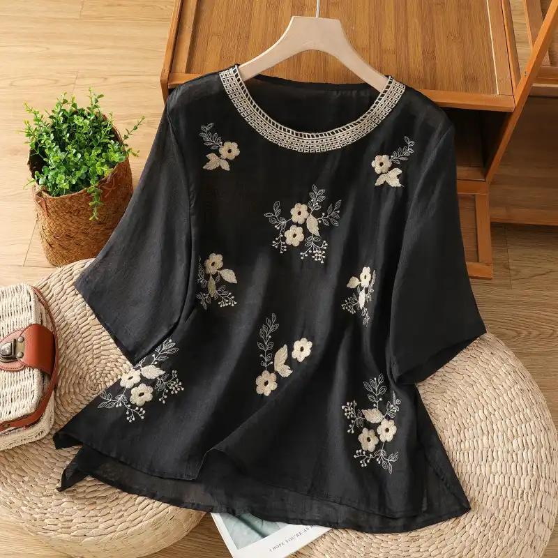 Women s Vintage Embroidered Cotton Linen Top Loose Fit Crew Neck Casual Blouse M чёрный