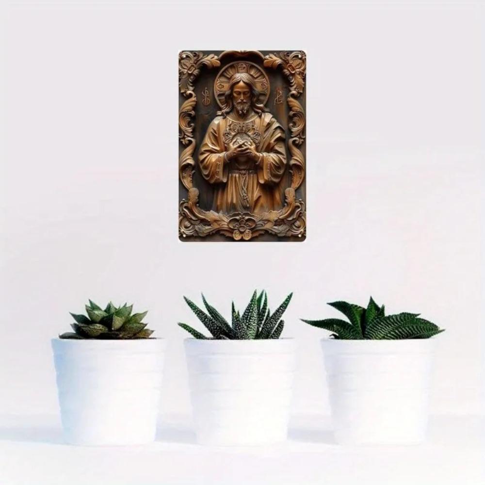 HDWoodImitate 1pc 2D Flat Aluminum Sign - HD Printing Saint Statue, Imitation Wood Carving Living Room/Club Decor