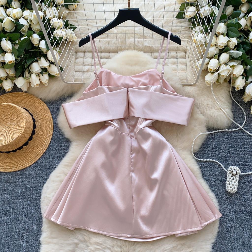 Birthday party dress three-dimensional butterfly tube top off shoulder suspender fishbone waist A-word skirt satin dress short skirt