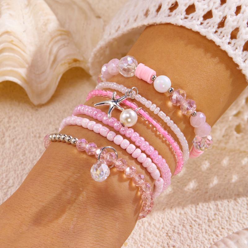1 Set Summer Ocean Blue Beads Strand Hand Chain Bohemia Starfish Shell Beaded Bracelets For Women Jewelry Beach Vacation Gift