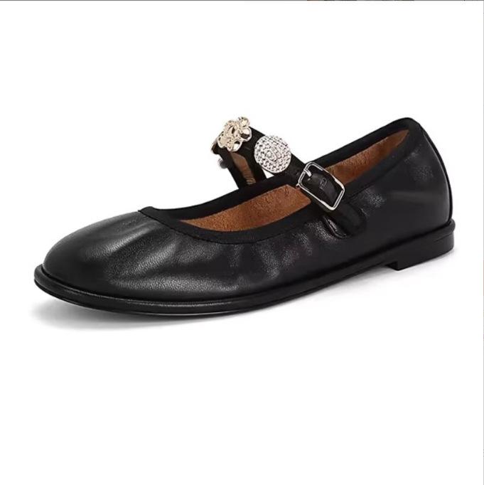 Sheepskin version~ Xiaoxiangfeng round head gold coin flat bottom Mary Jane shoes new fairy temperament shallow mouth ballet single shoes woman