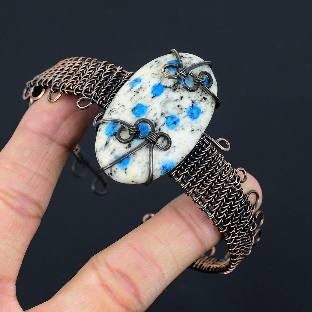 K2 Azurite Pure Copper Wire Wrapped Handmade Jewelry Bangle Bracelet Adjustable Gift For Her
