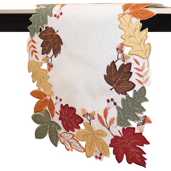 Thanksgiving Table Runner Embroidered Fall Leaves Table Centerpieces 72 inches Long Leaves Autumn Maple Leaf Cut Out Dinning Coffee for Party White