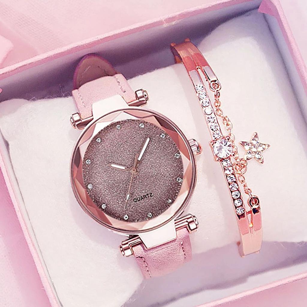Silver Rhinestone Face Women's Watch Frosted Leather Strap Women's Casual Trend Two-piece Set Watch