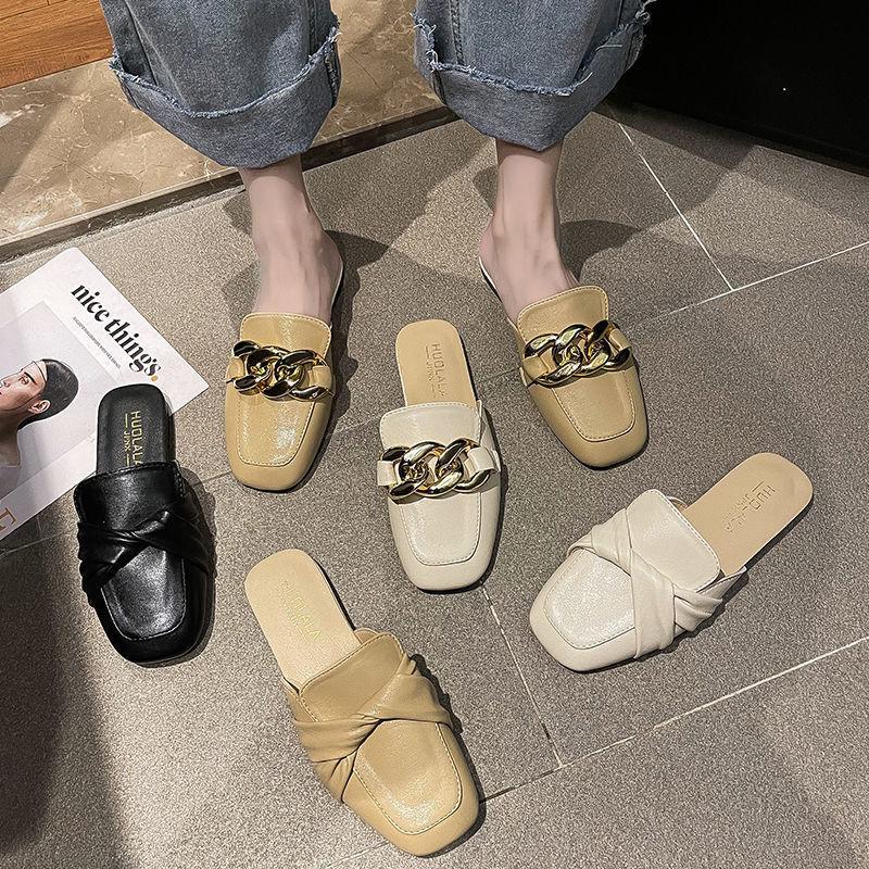 Korean version of fashion versatile Internet celebrity fairy style flat bottom sandals 21 new summer chain wear bag head half slippers