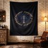 Lord of the Rings White Tree, black field with the White Tree of Gondor inside a ring of gold elvish script, rich saturated color, wall tapestry