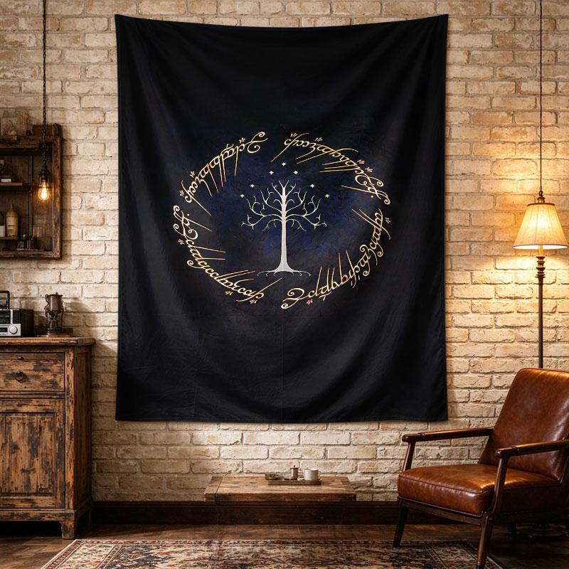 Lord of the Rings White Tree, black field with the White Tree of Gondor inside a ring of gold elvish script, rich saturated color, wall tapestry